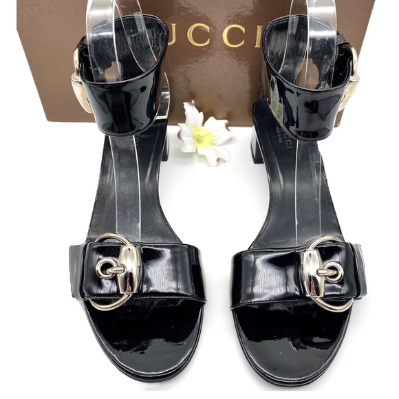 LIKE NEW Gucci Sand Pelle S Cuoio Vitello Vernice Soft Nero Sandals, 37 / 7 - Picture 3 of 16